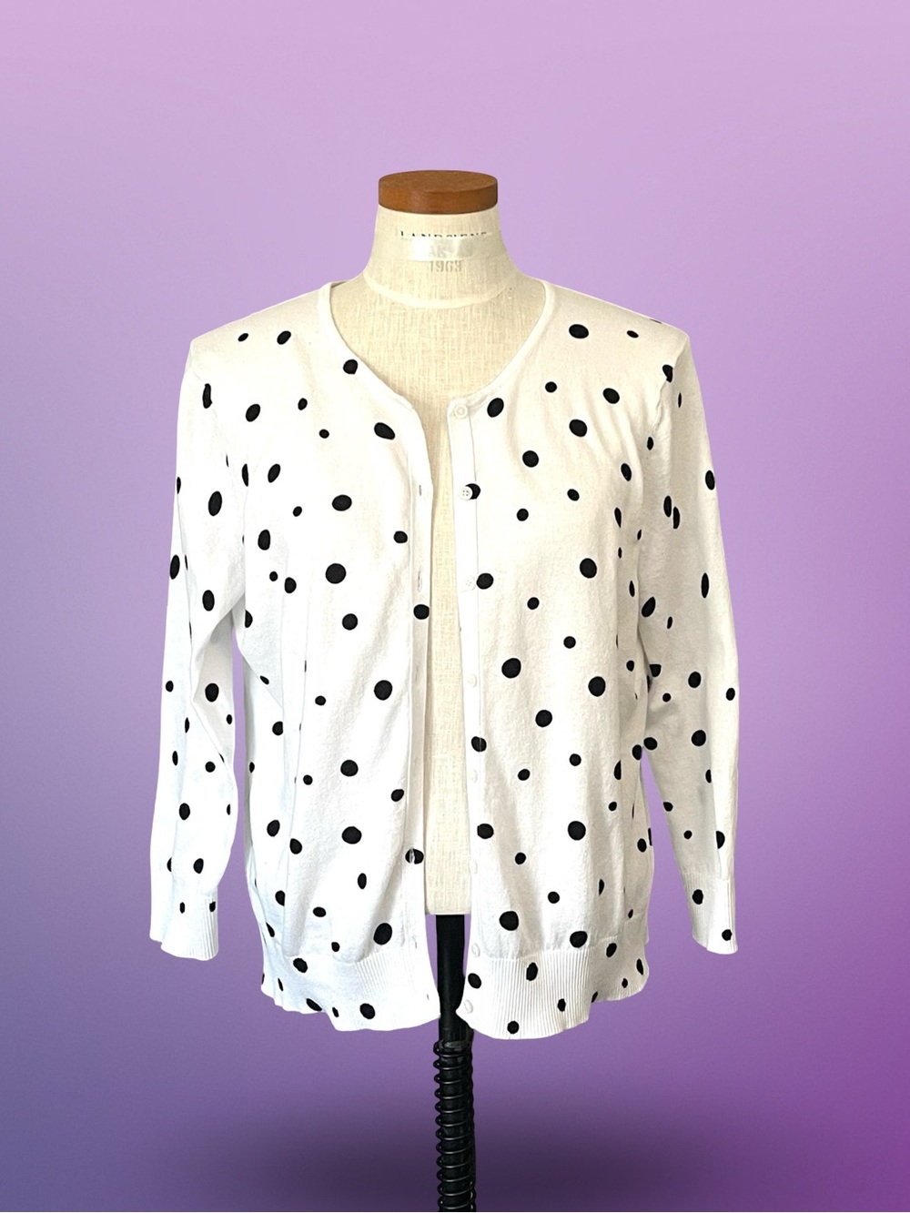 G.H. Bass 100% Cotton White with Black Polka Dot Full Button up Cardigan SzXL